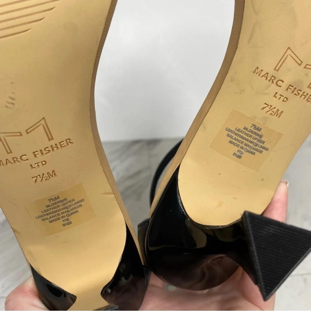 New! Marc Fisher Derine Black Leather Square Toe Heeled Sandal 7 1/2